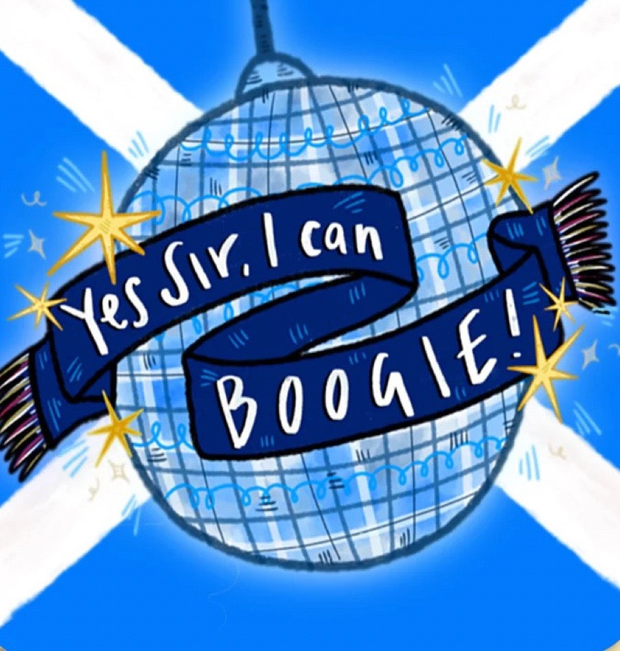 Discoball with a blue banner and 'Yes Sir, I can Boogie!' text on a blue and white striped background.