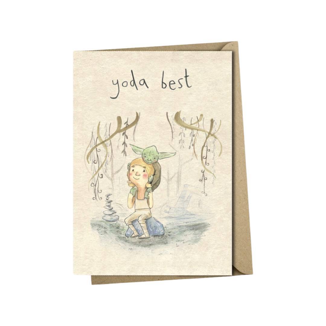 A6 card featuring an illustration of Luke Skywalker being mentored by Yoda in the swamps of Dagobah.