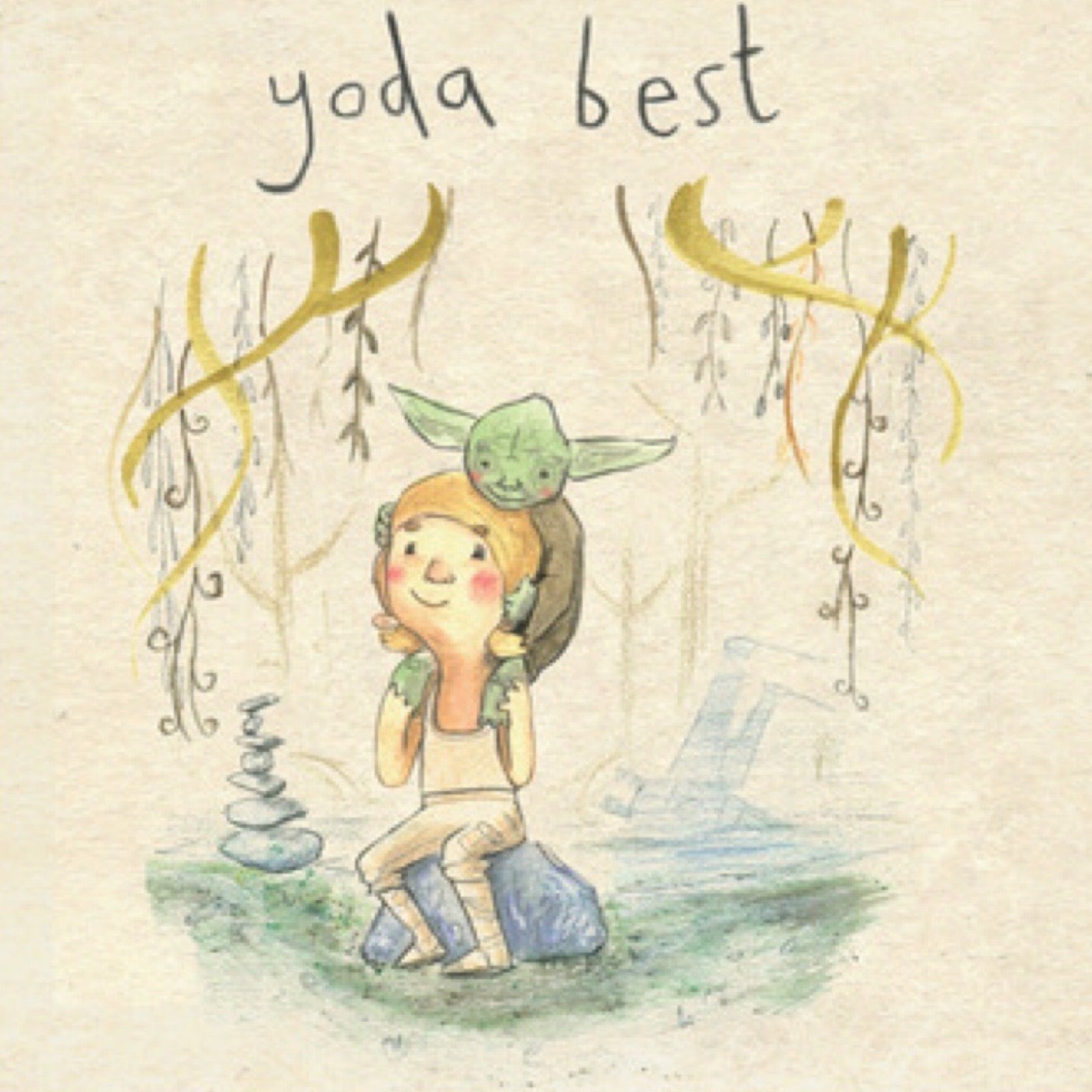 Yoda Best print featuring an illustration of Luke Skywalker being mentored by Yoda in the swamps of Dagobah.