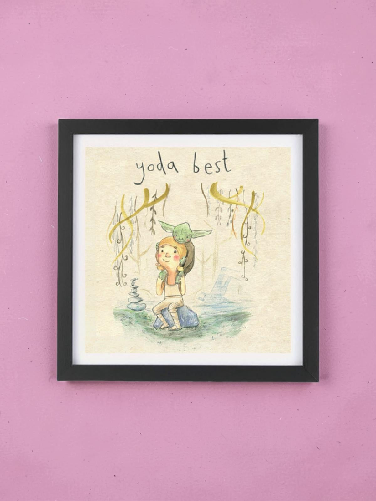 Yoda Best print featuring an illustration of Luke Skywalker being mentored by Yoda in the swamps of Dagobah, framed on a pink background.