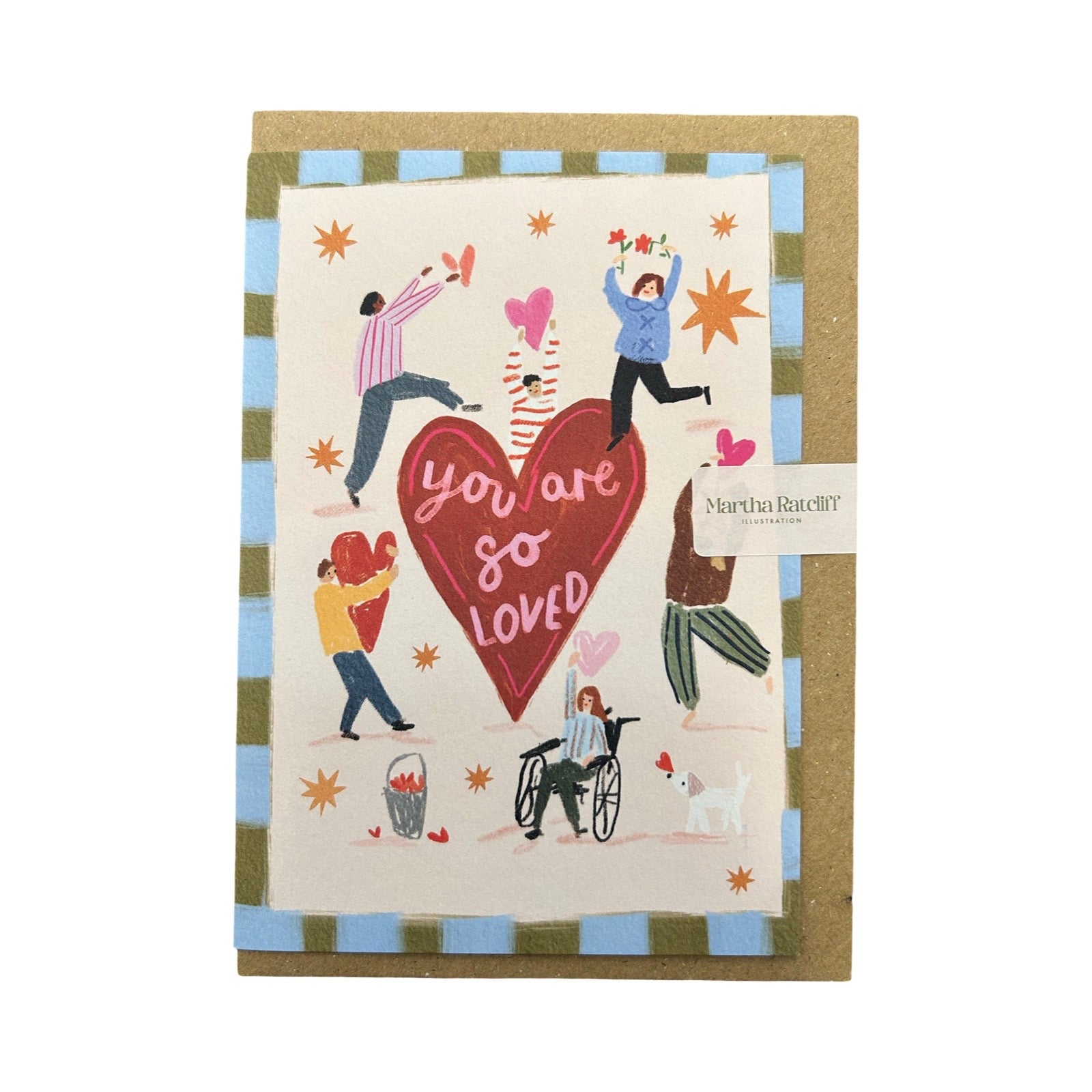 Card with illustration of people around a heart with 'you are so loved' text, on a checkered border, with a brown envelope.