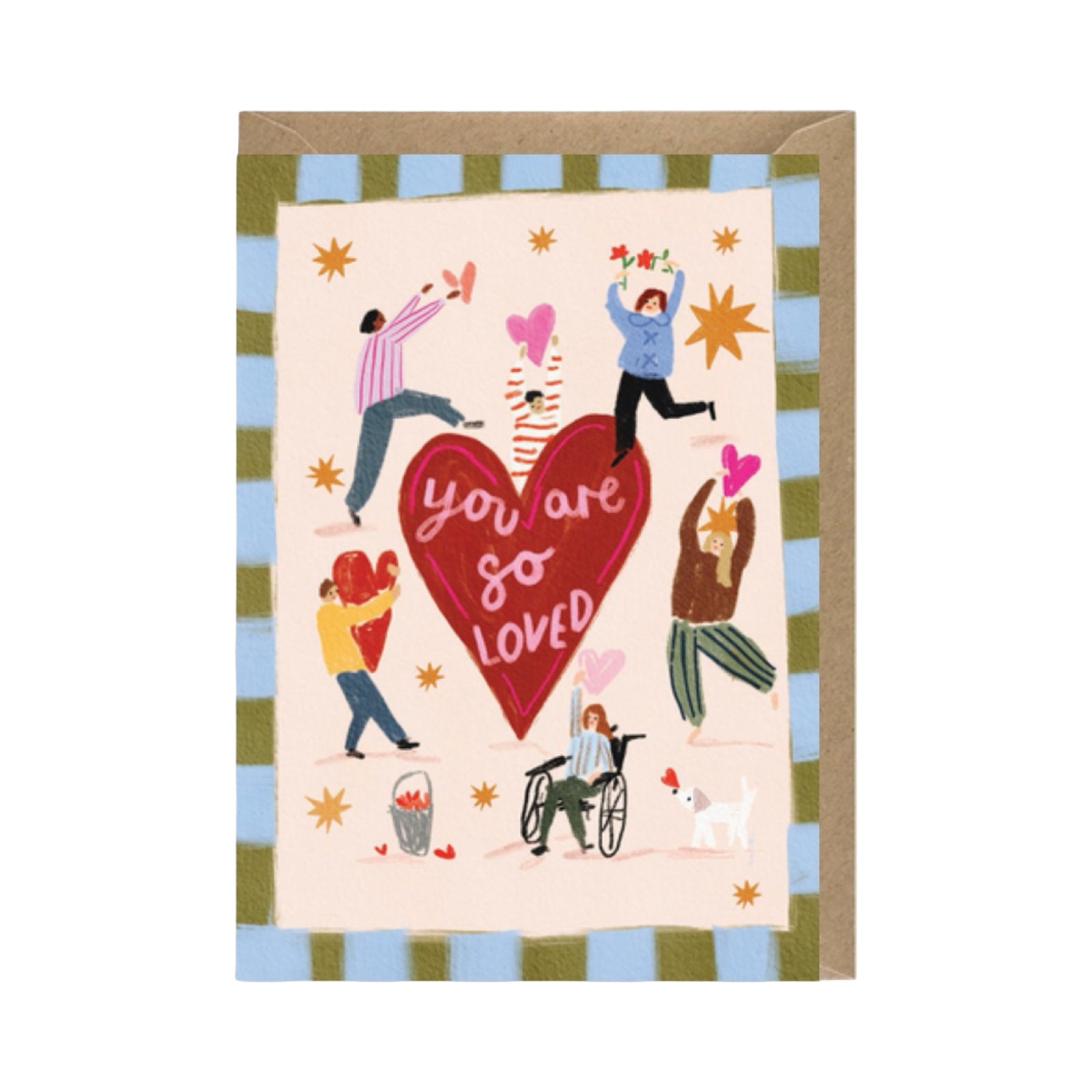Card with illustration of people around a heart with 'you are so loved' text, on a checkered border.