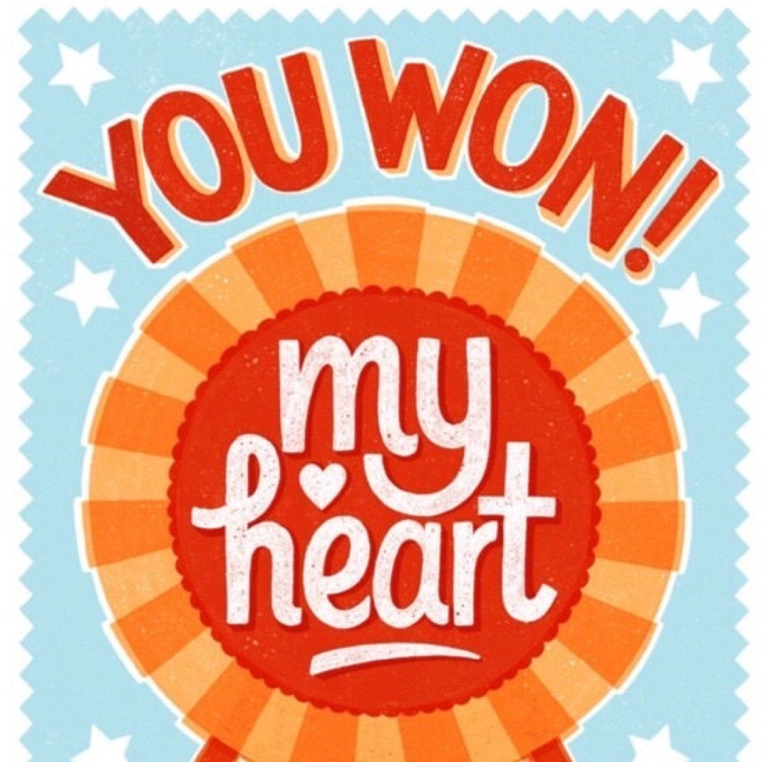 Decorative graphic with 'YOU WON! my heart' text on a blue background.