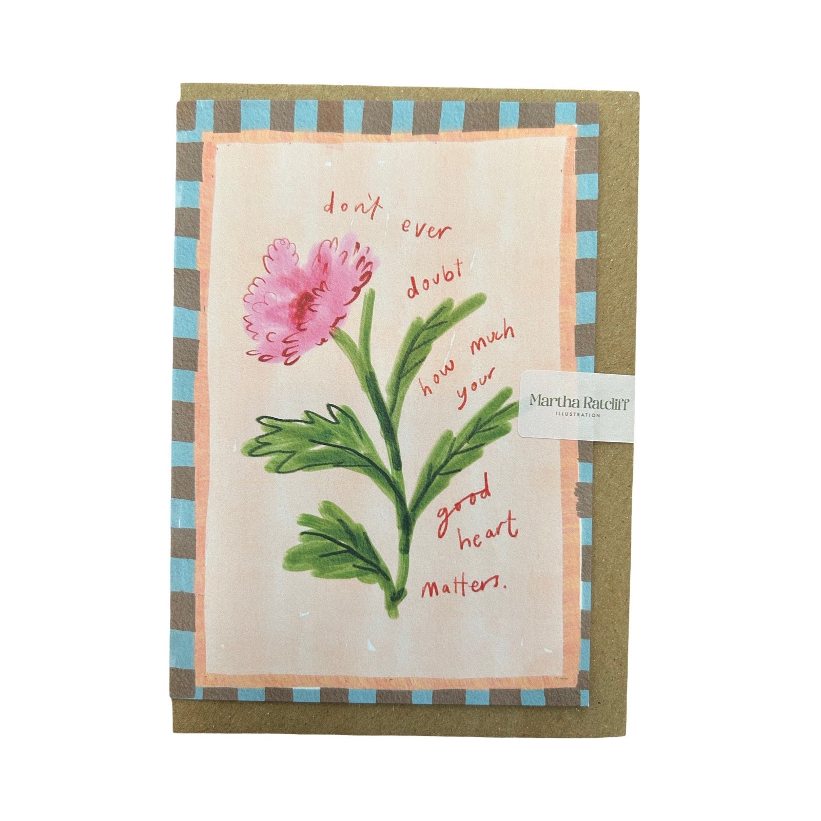 Greeting card with pink flower illustration and text on a checkered border, with a brown envelope.