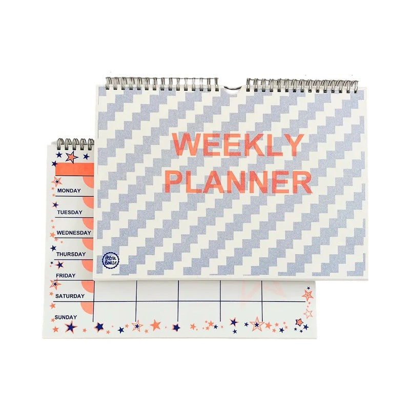 A colourful neon weekly planner to help you plan your time, in blue and orange.