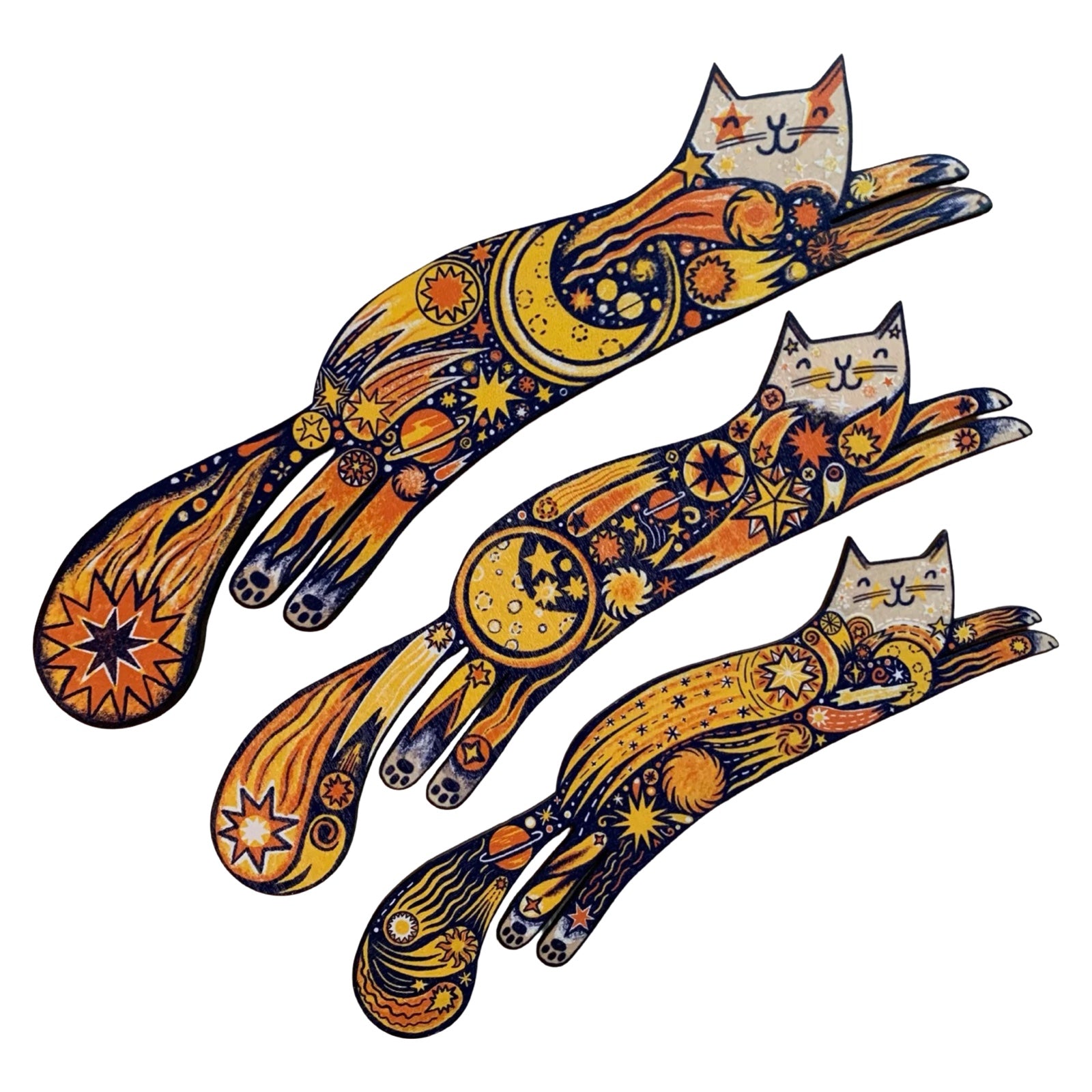 This set of Ziggy Star Cats will surely add a pop of colour to your wall. Each cat features stars, planets and comets illustrated in shades of navy blue, gold and orange.