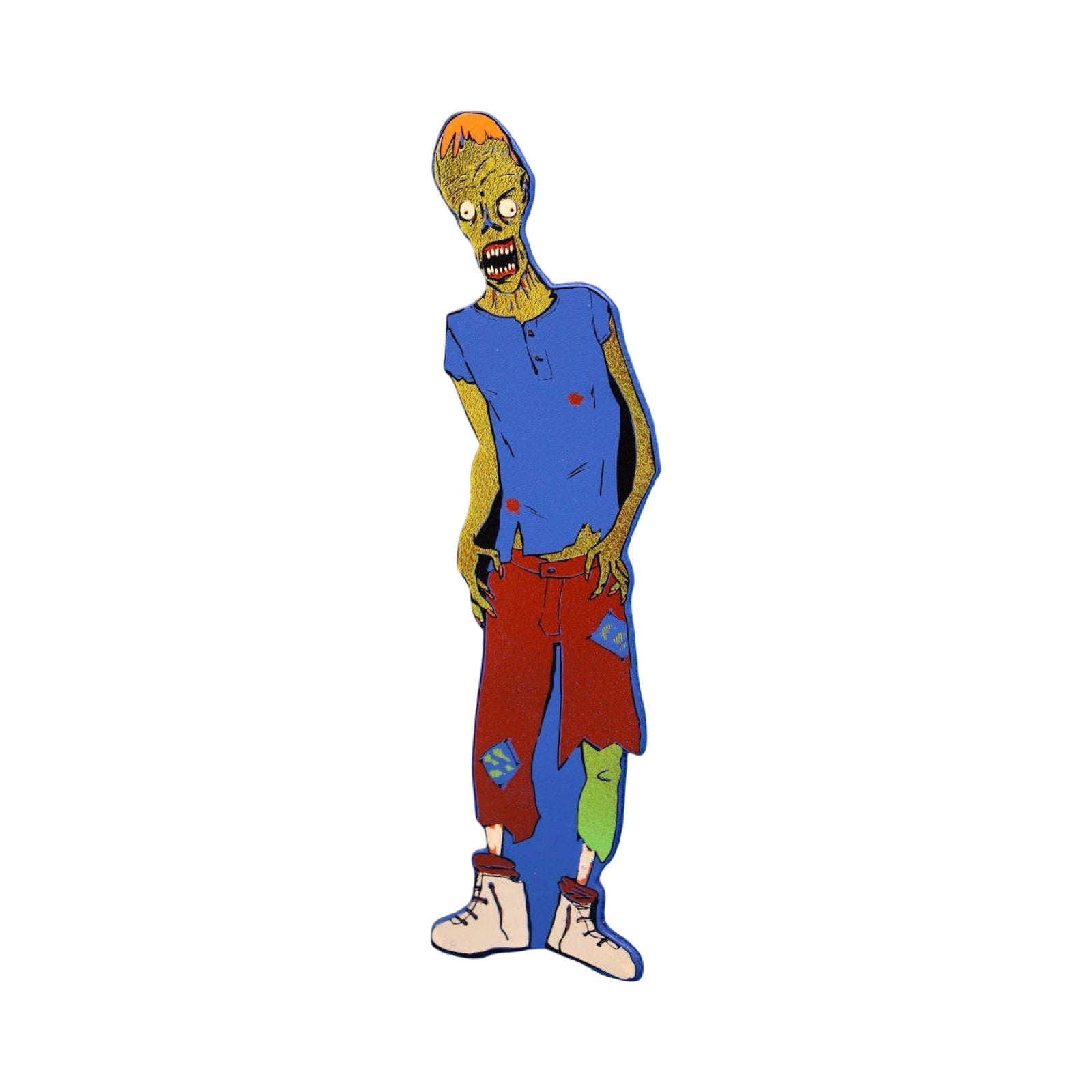 A zombie bookmark standing upright on a plain white background. The zombie has an orange hair, yellow-green skin, a torn blue shirt, red pants, and a green leg.